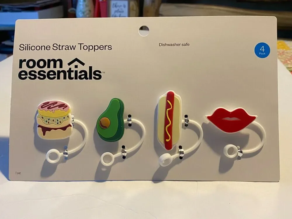 4 pack Silicone Straw Toppers Room Essentials Hotdog Guacamole Hamburger